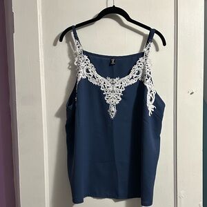 Blue and white lace tank top
